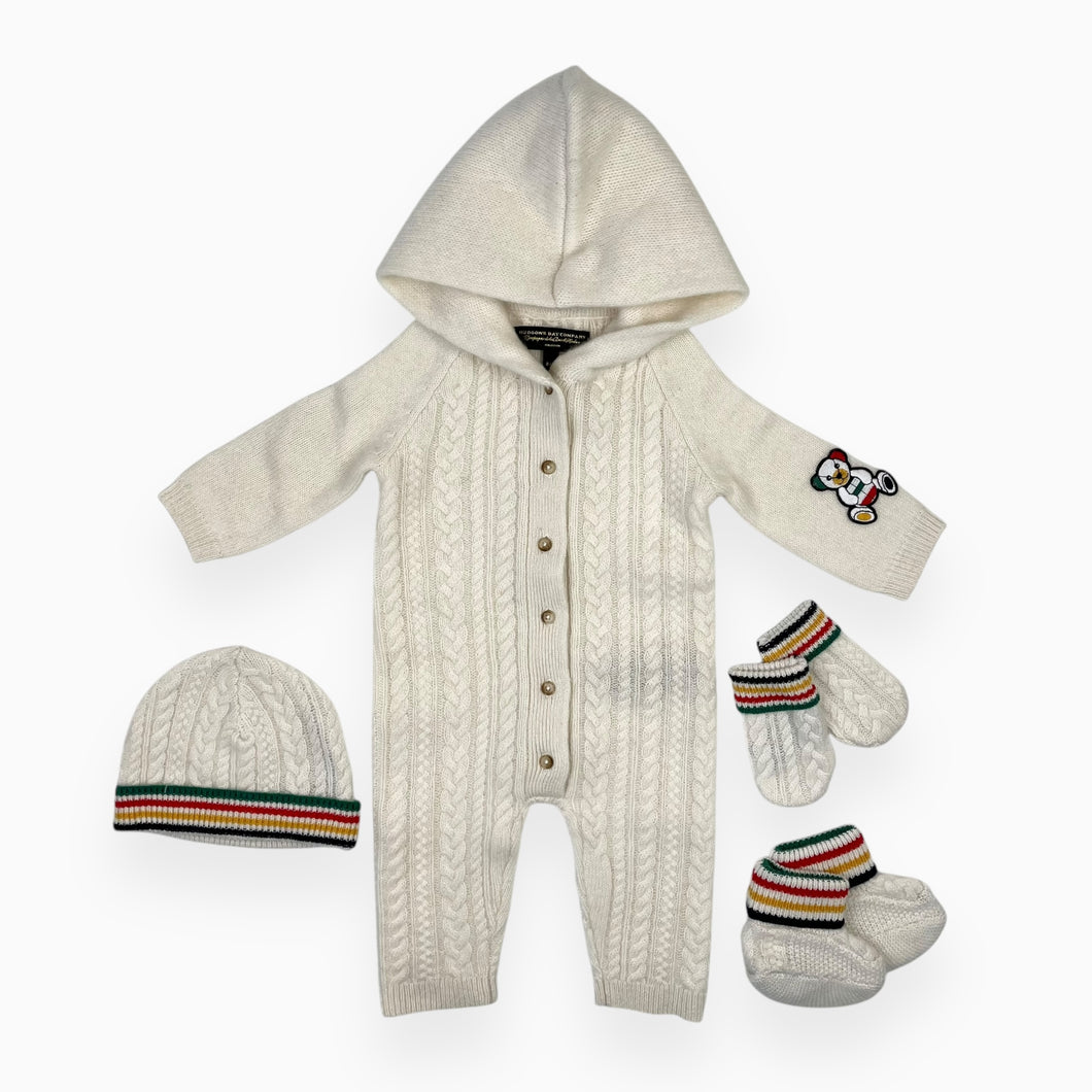 Ensemble 4 pièces combi, tuque, mitaines et chaussons en cachemire 0-6M