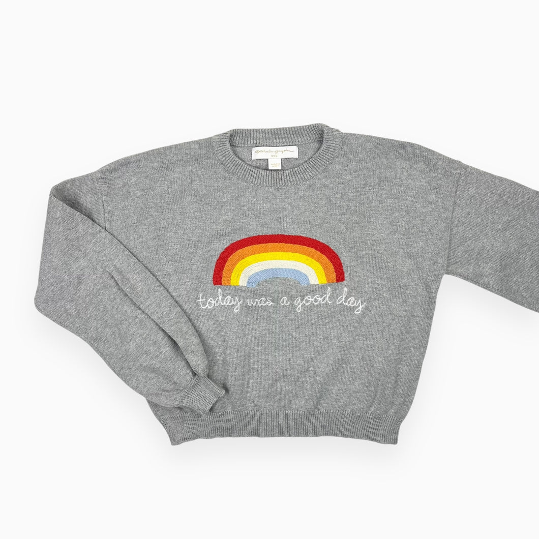 Pull gris chiné en tricot de coton avec arc-en-ciel brodé XS (8Y)