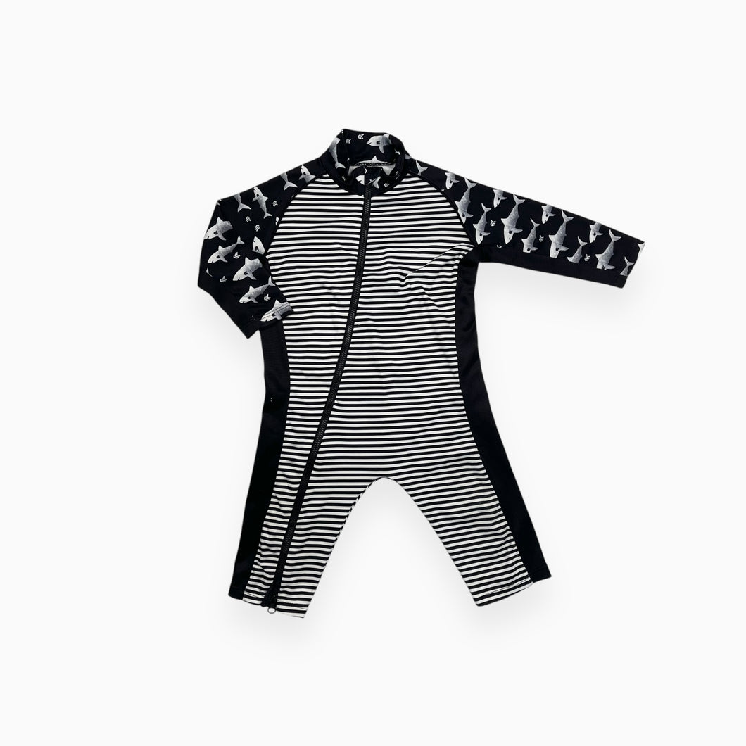 Maillot rashie en poly et spandex à rayures noires et blanches 6-12M