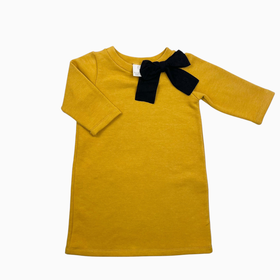 Robe jaune dijon en coton ouaté et poly avec large noeud noir point d'esprit 3-4Y