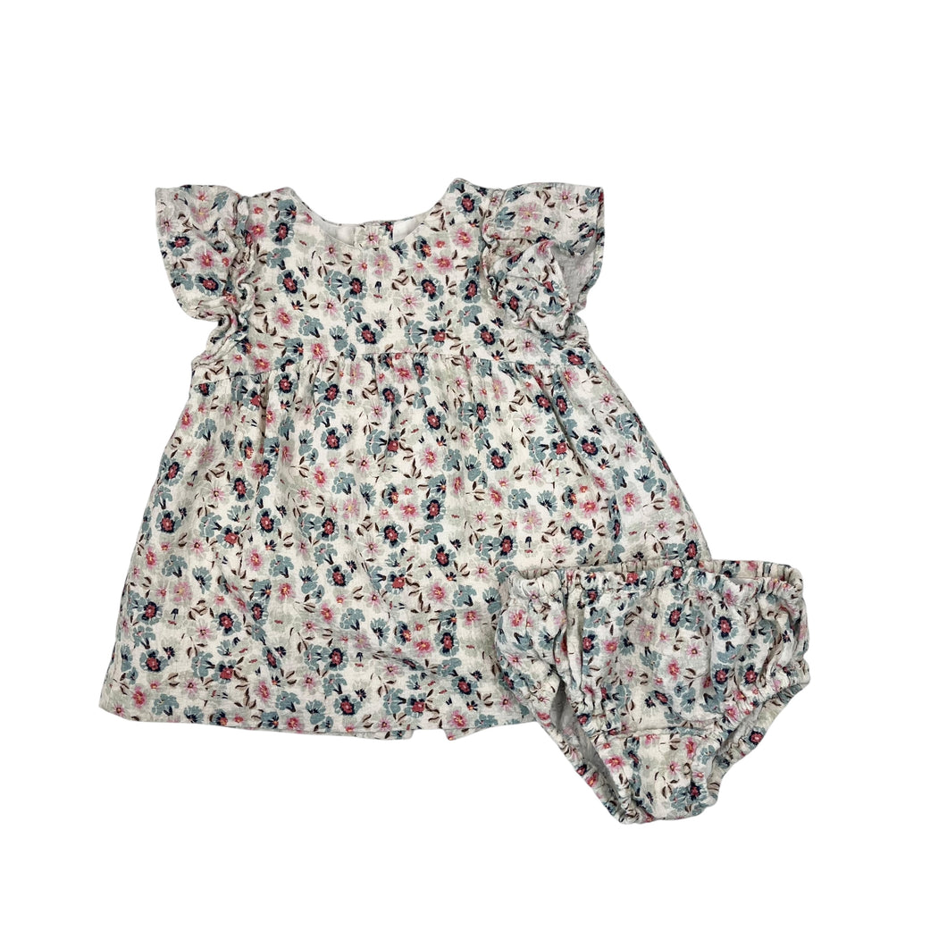 Robe et bloomer écru à imprimé floral bleu et rose 6-9M