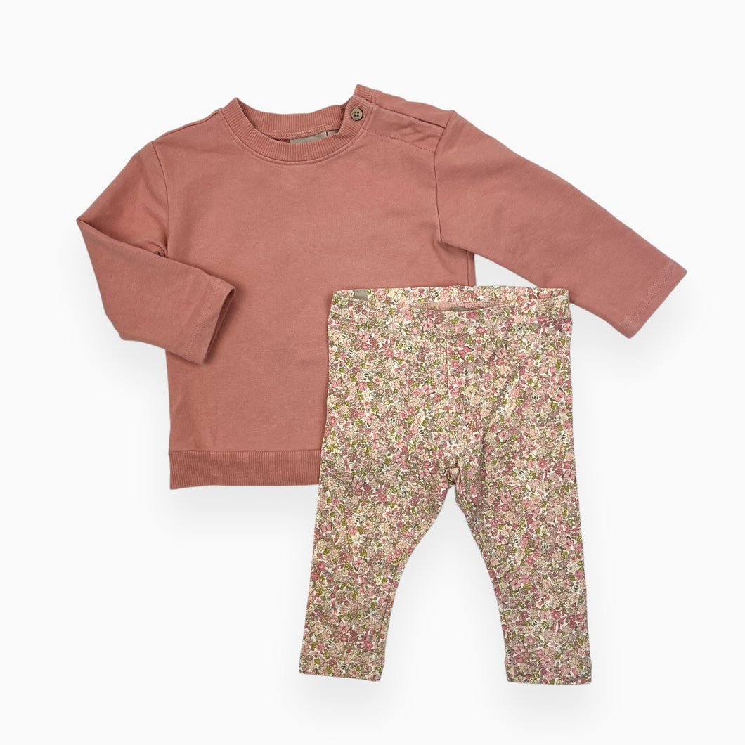 Ensemble pull rose et legging à motif floral en coton bio 9M