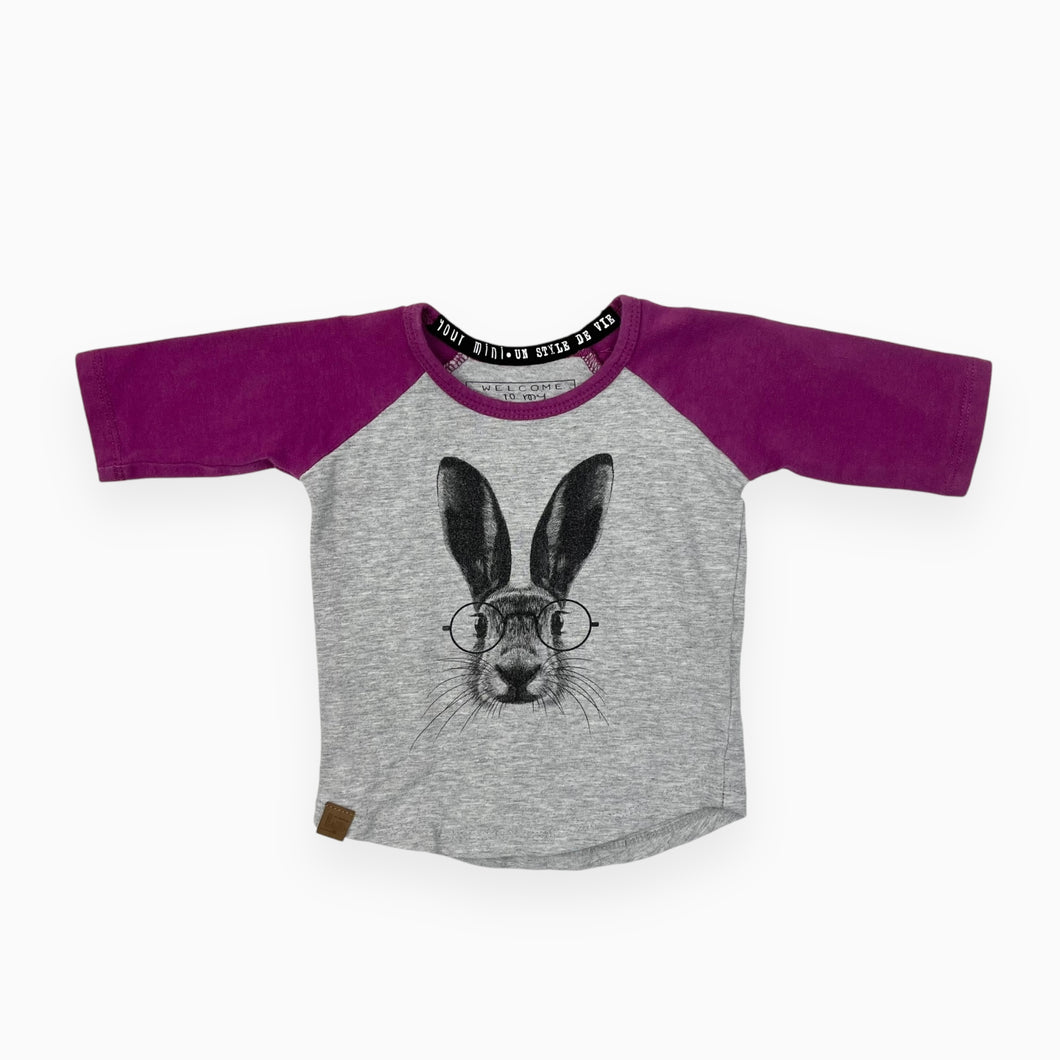 Chandail en coton avec manches base-ball mauve et imprimé lapin 6-12M