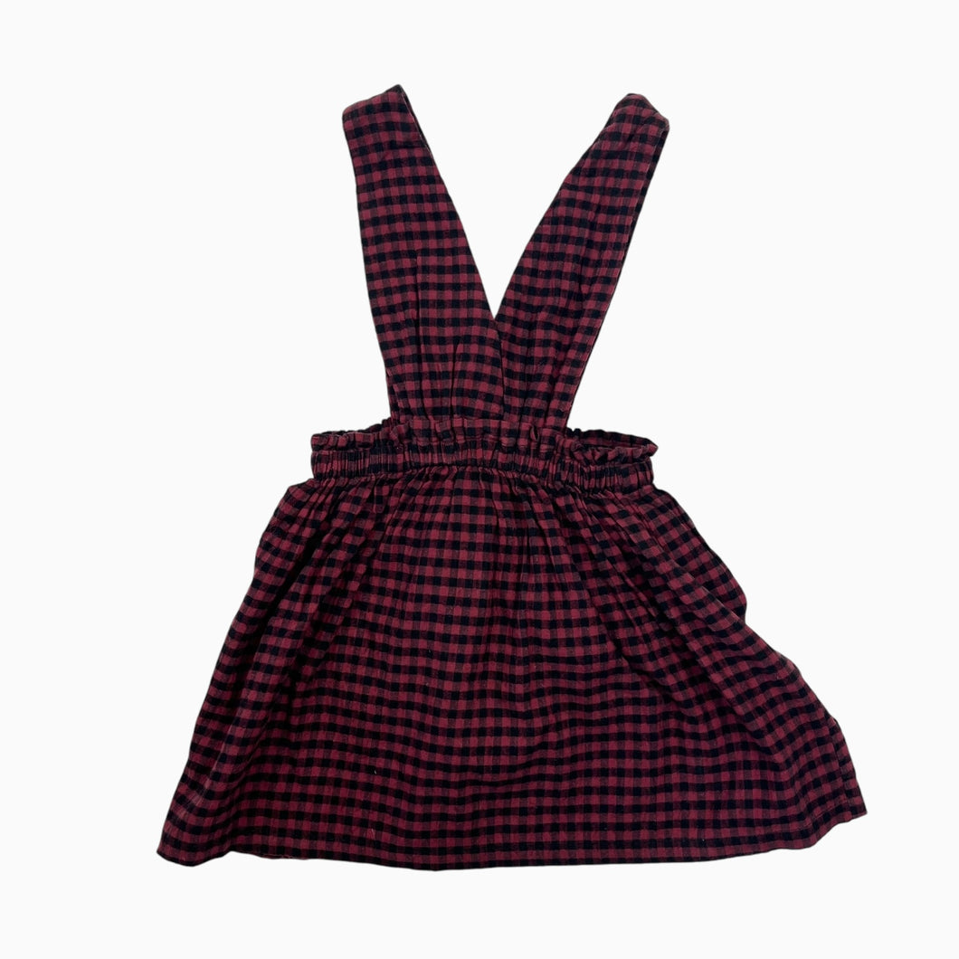 Robe style pinafore en coton à carreaux canneberges et noirs 3-4Y