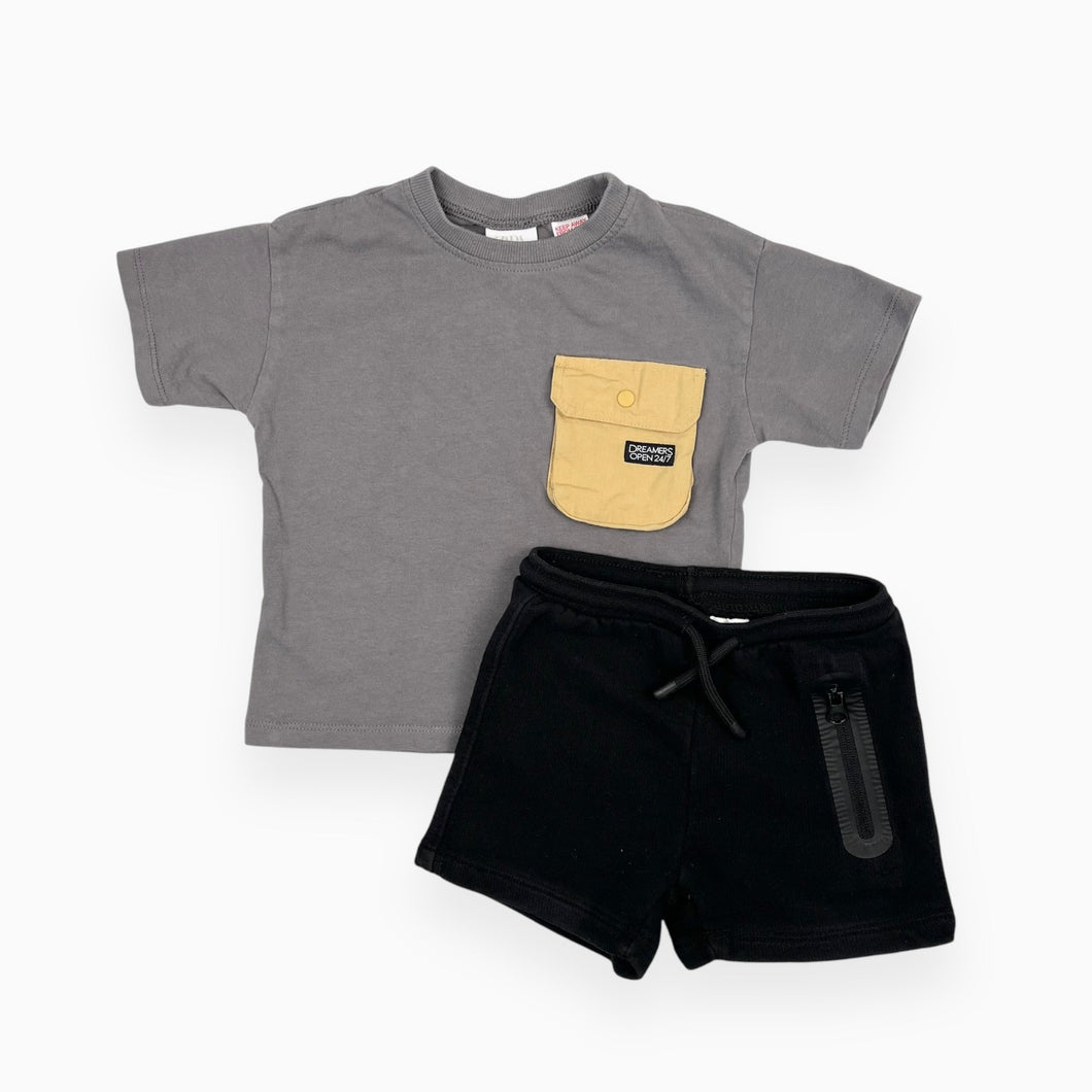 Ensemble t-shirt gris 'Dreamers' et short noir en coton 12-18M